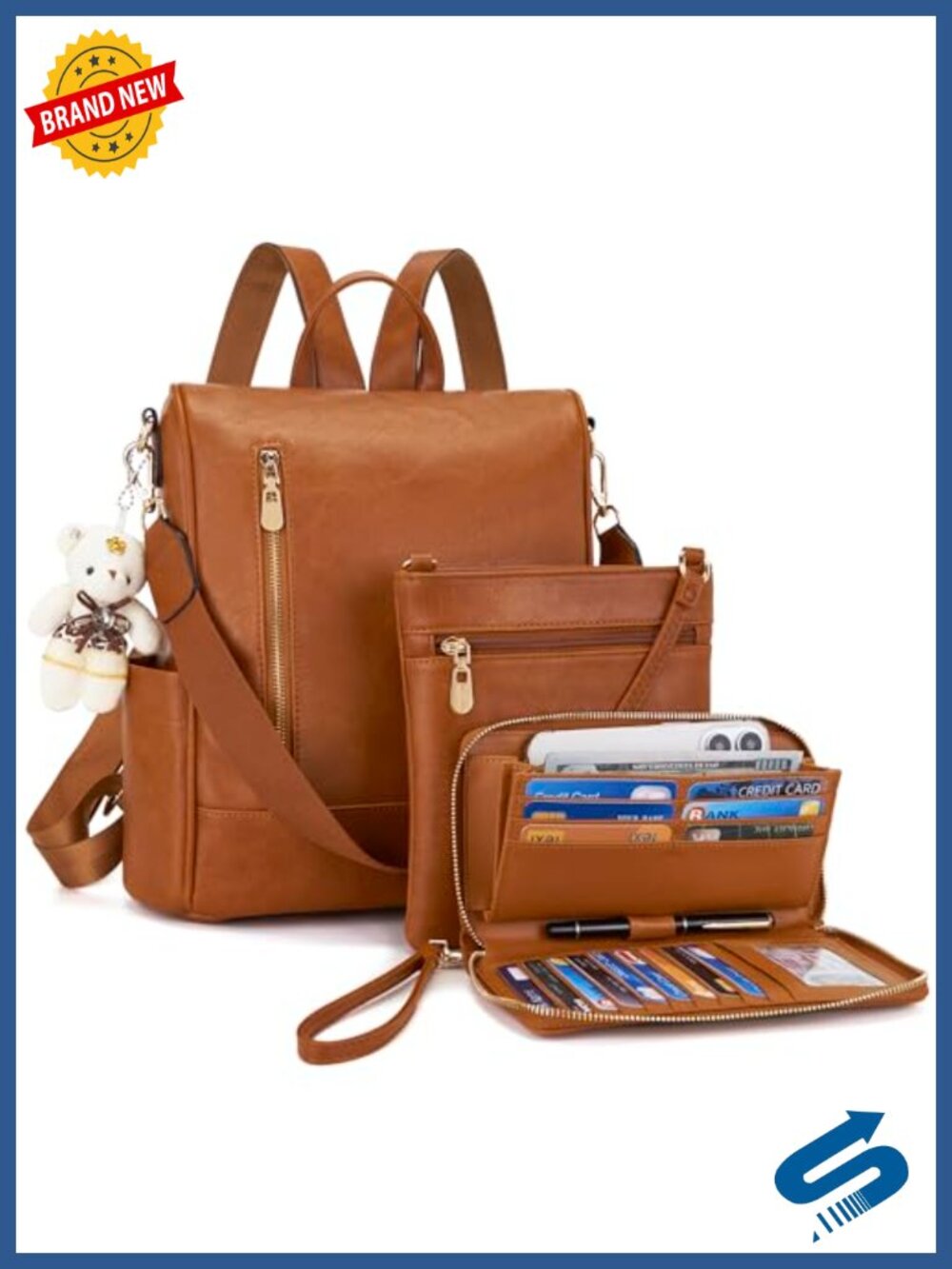 3-Piece Anti-Theft Backpack Purse Set with Detachable Strap